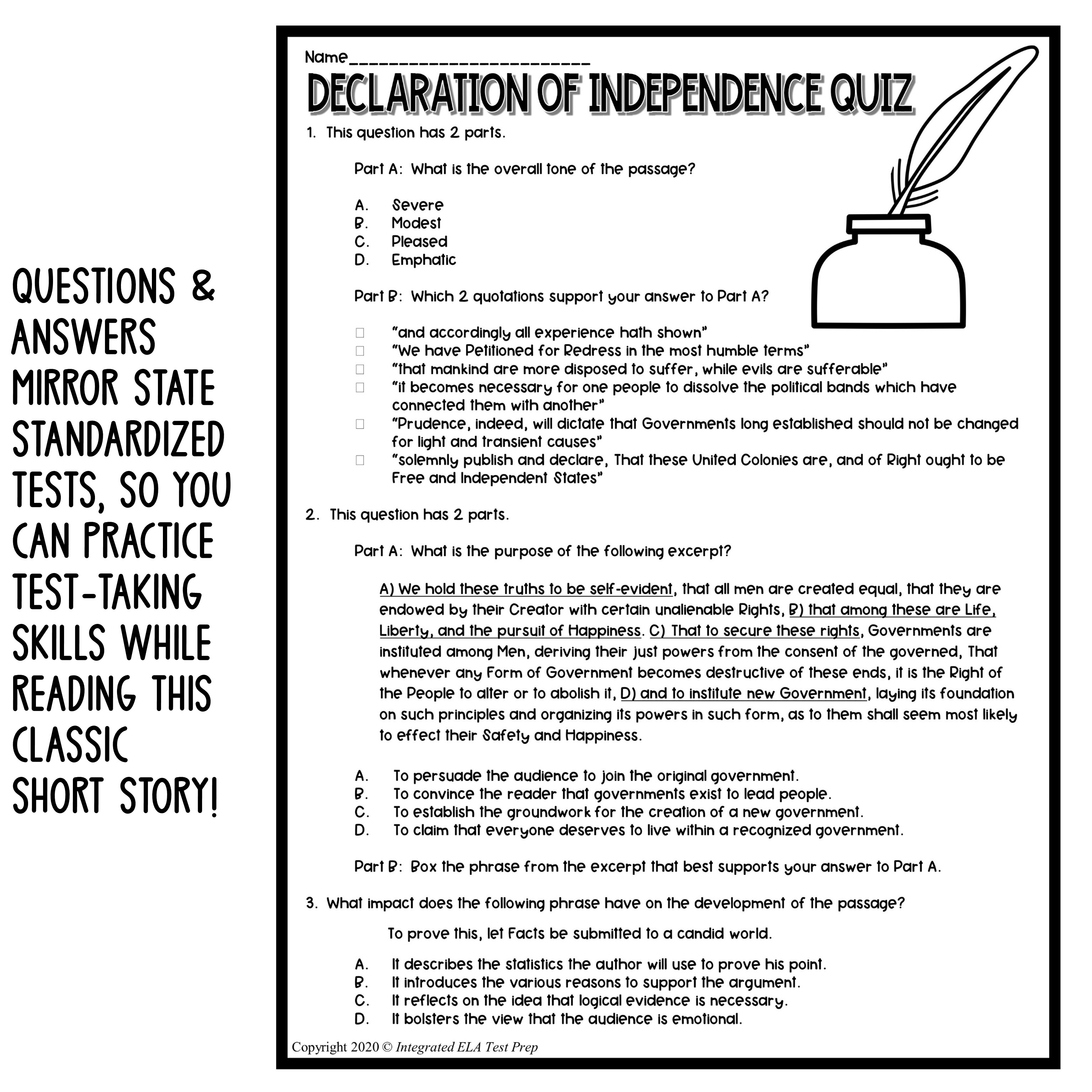 The Declaration of Independence Quiz Reading Comprehension Questions Test  Pack - Classful, image size:3070x3070