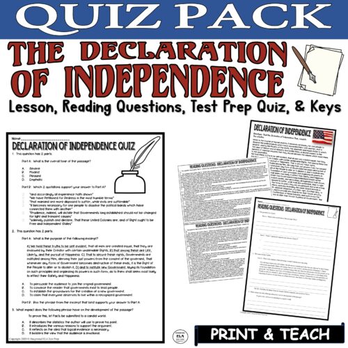 The Declaration of Independence Quiz Reading Comprehension Questions Test Pack's featured image