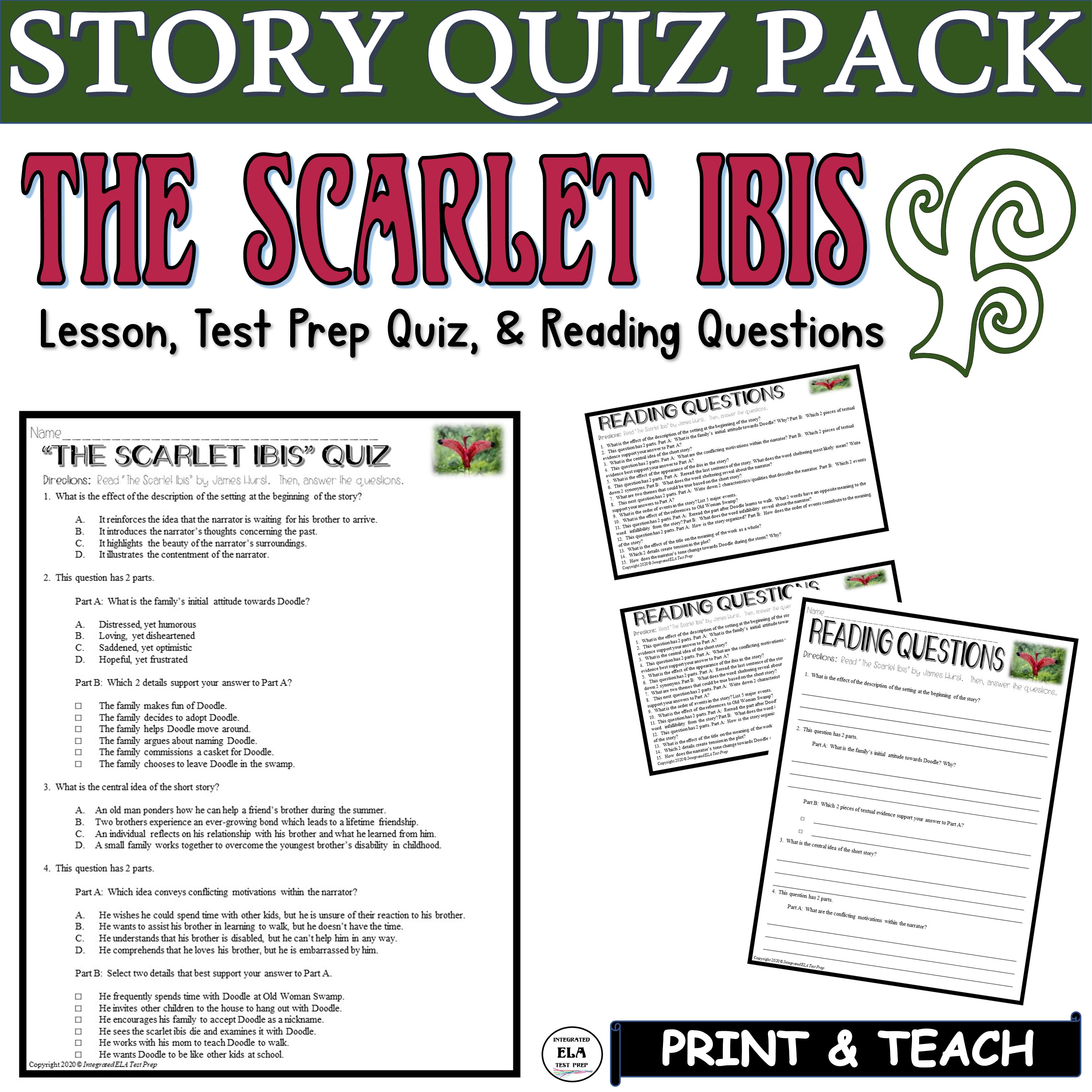 Short Story with Comprehension Questions The Scarlet Ibis Quiz James Hurst
