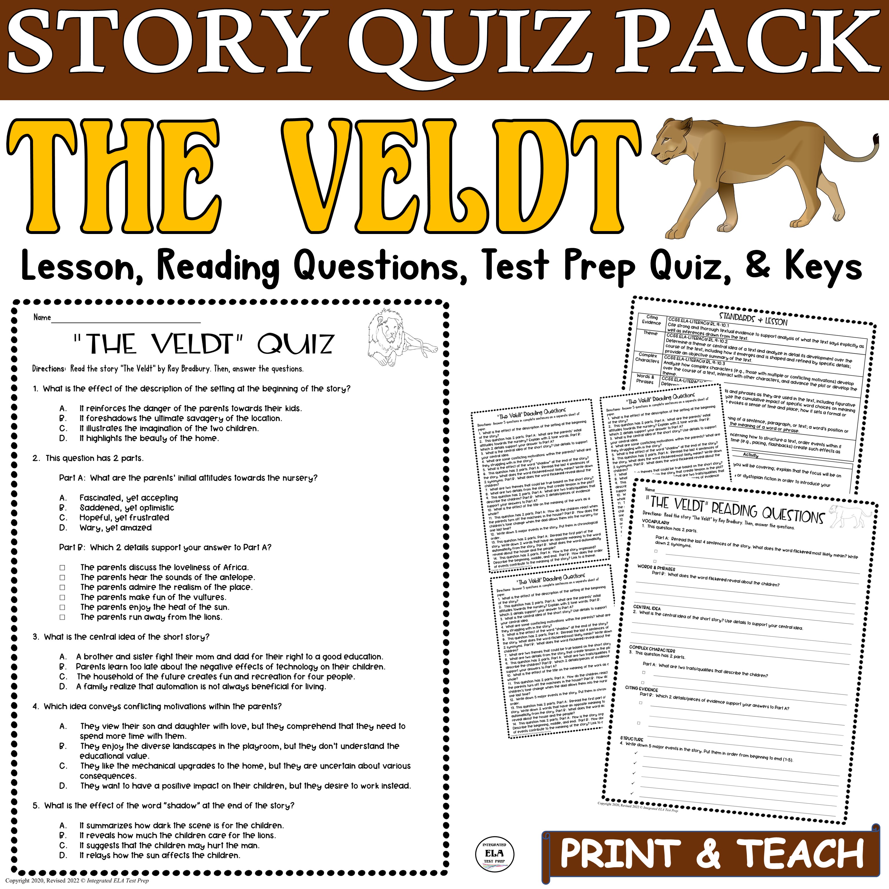The Veldt Quiz Short Story Comprehension Questions PDF Ray Bradbury Activity