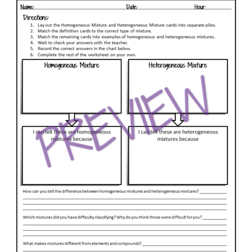 Homogeneous And Heterogeneous Mixtures Card Sorting Activity Classful