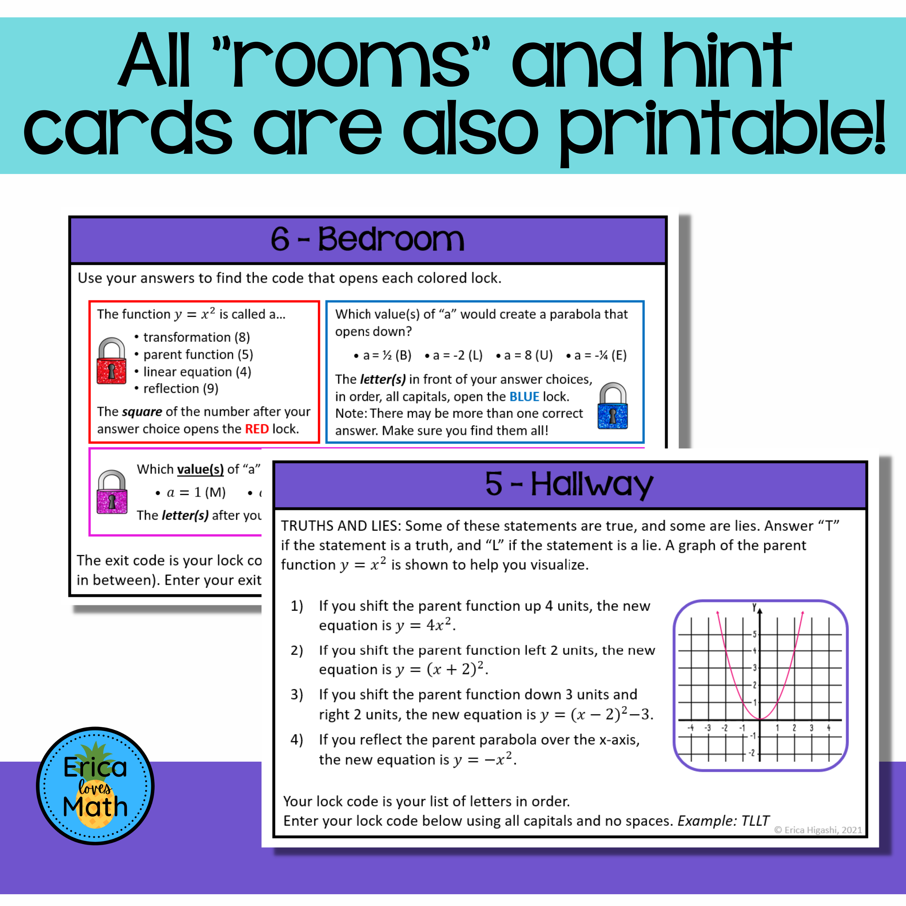 Graphs of Quadratic Functions Escape Room Activity (Digital & Printable ...