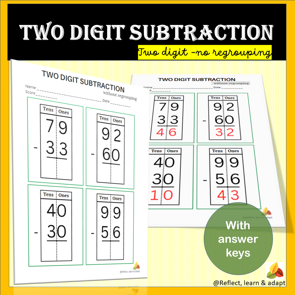 Two Digit Subtraction without regrouping | Adaptive Resources - Classful