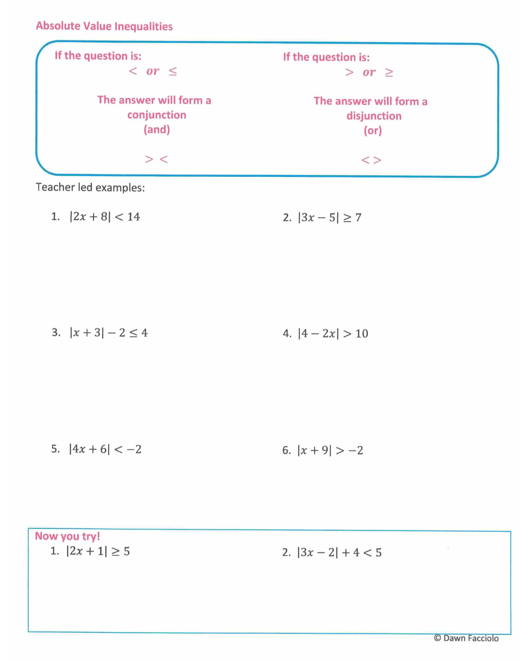 Absolute Value Inequalities (Worksheet and Lesson video) Classful