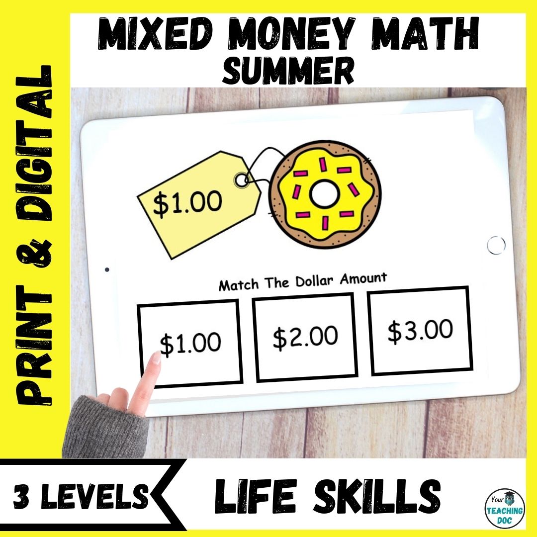 Summer Identify, Count, Next Dollar Up Money Math Skills + Task Cards