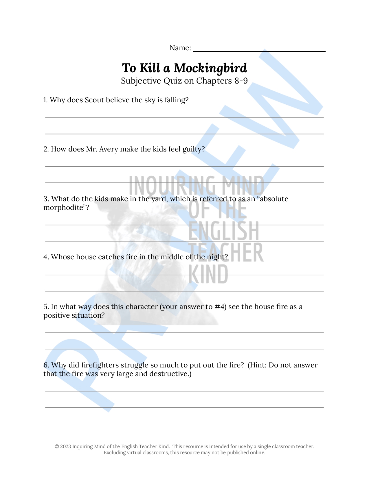 To Kill a Mockingbird Chapters 8 and 9 Quiz and Answer Key - Classful