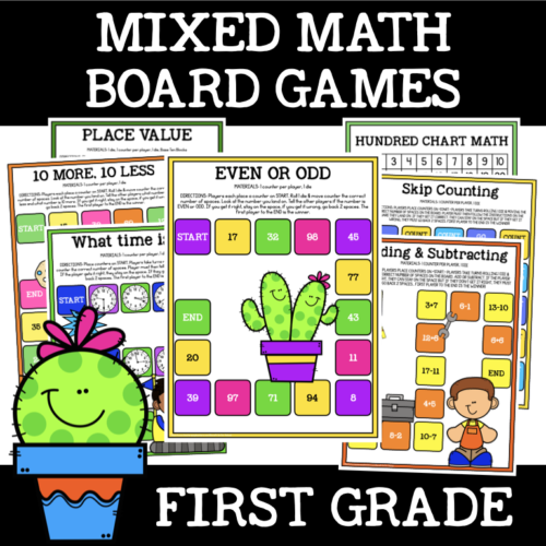 First Grade Math Board Games, 70 Pages Printable Math Games for Centers + Matching Worksheets's featured image