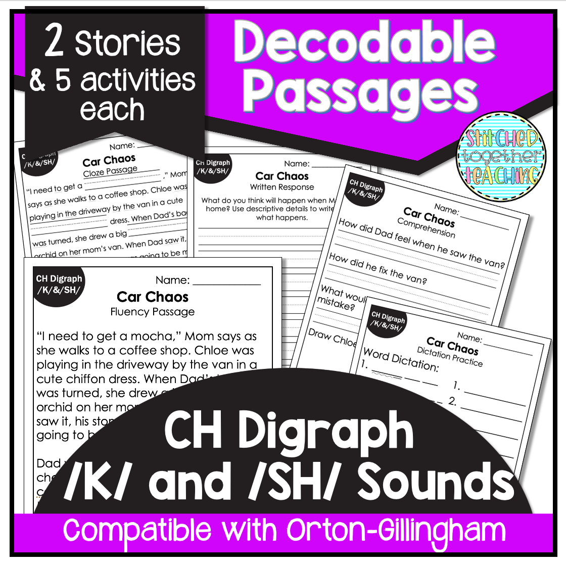 CH Digraph K and SH sounds Decodable Reading Passages- Orton Gillingham