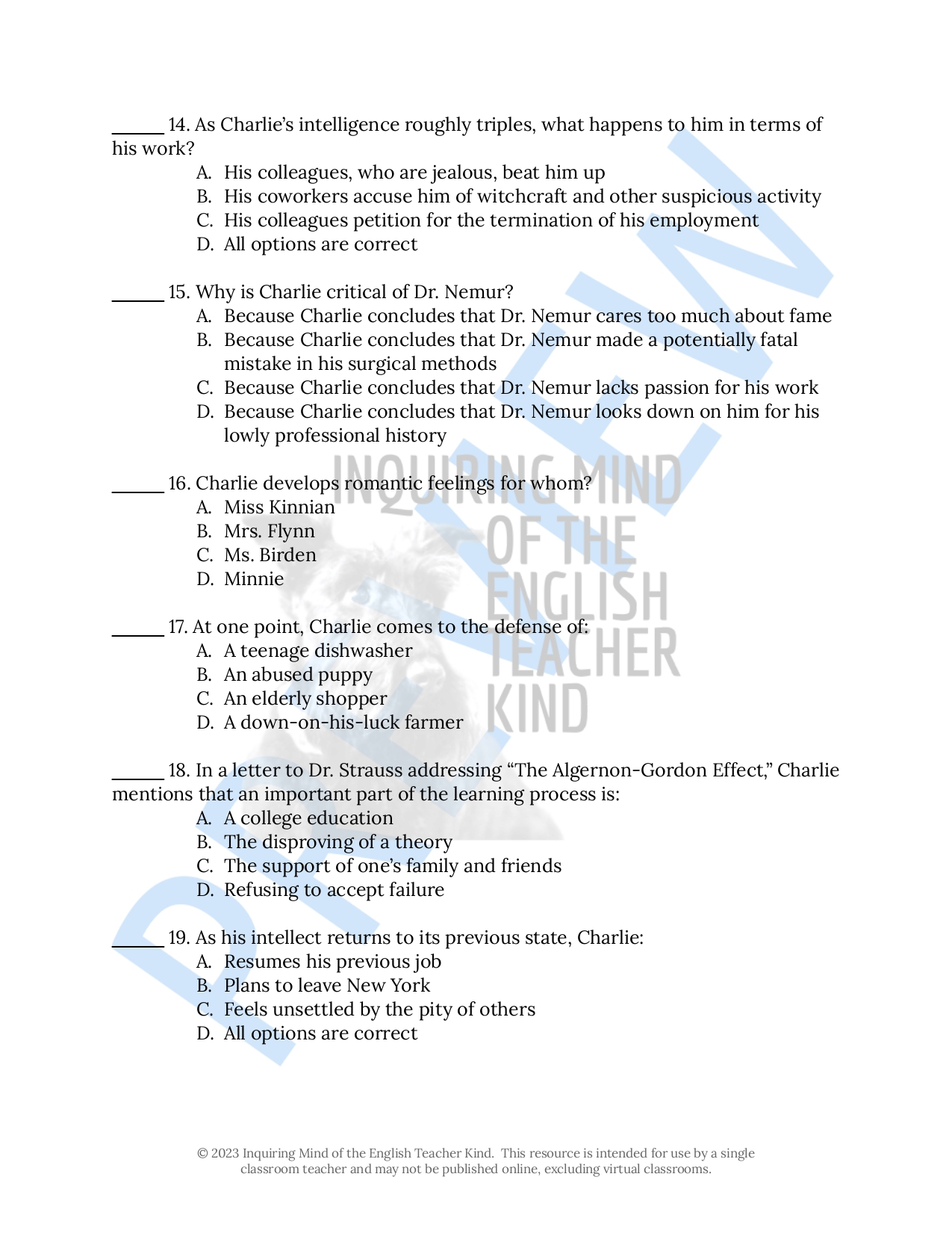 Flowers For Algernon Porn - Flowers for Algernon by Daniel Keyes Quiz and Answer Key (Short Story) -  Classful