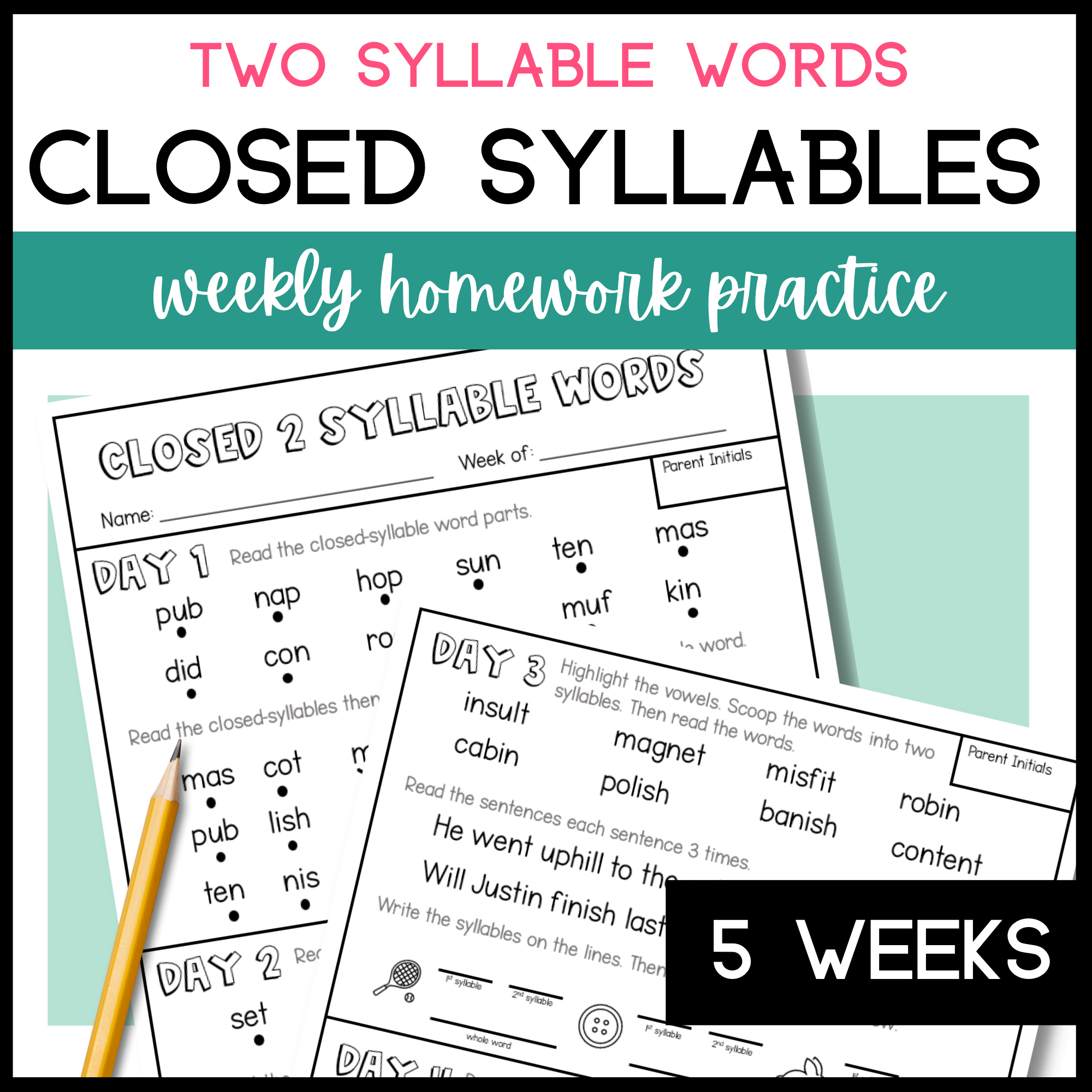 2 Syllable Words Closed Syllable Decoding Practice And Fluency Homework Vccv Classful