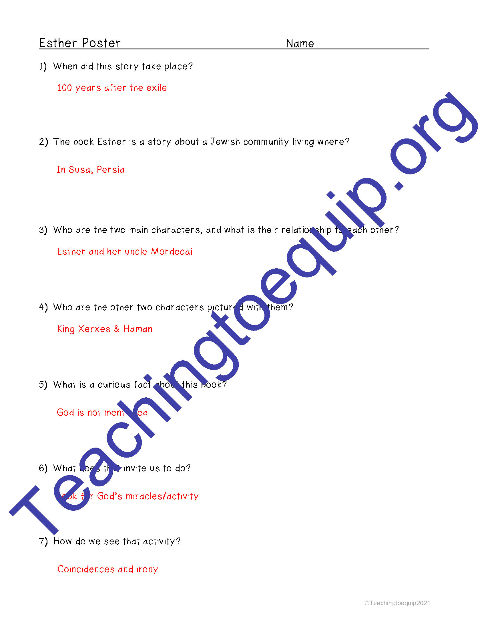 Book of Esther Bible Summary Overview Activity Worksheets - Classful