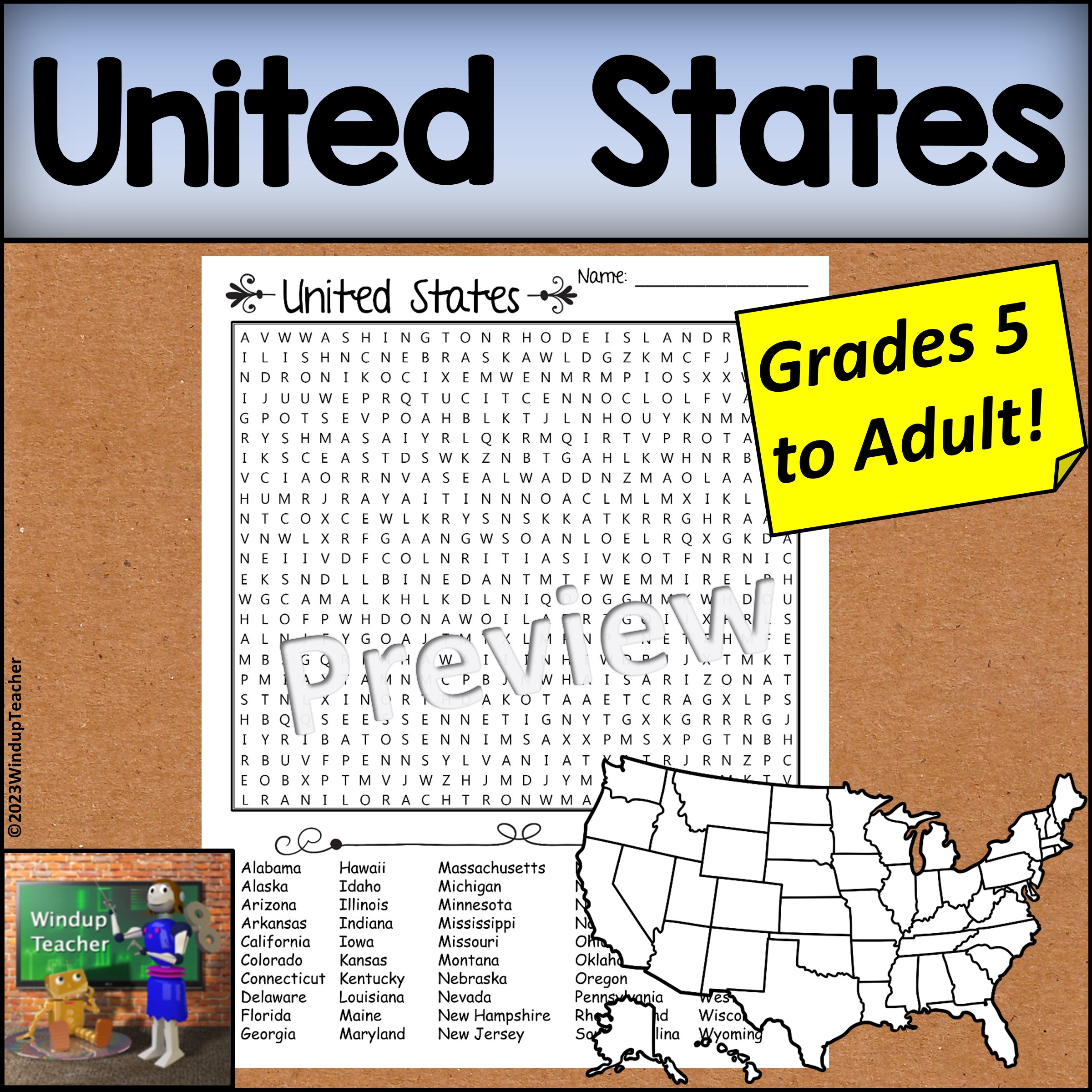 United States 50 States Word Search - Hard for Grades 5 to Adult - Classful