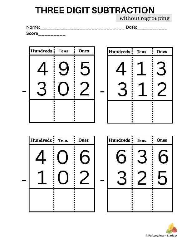 Three Digit Subtraction Without Regrouping Adaptive Resources Classful 5479