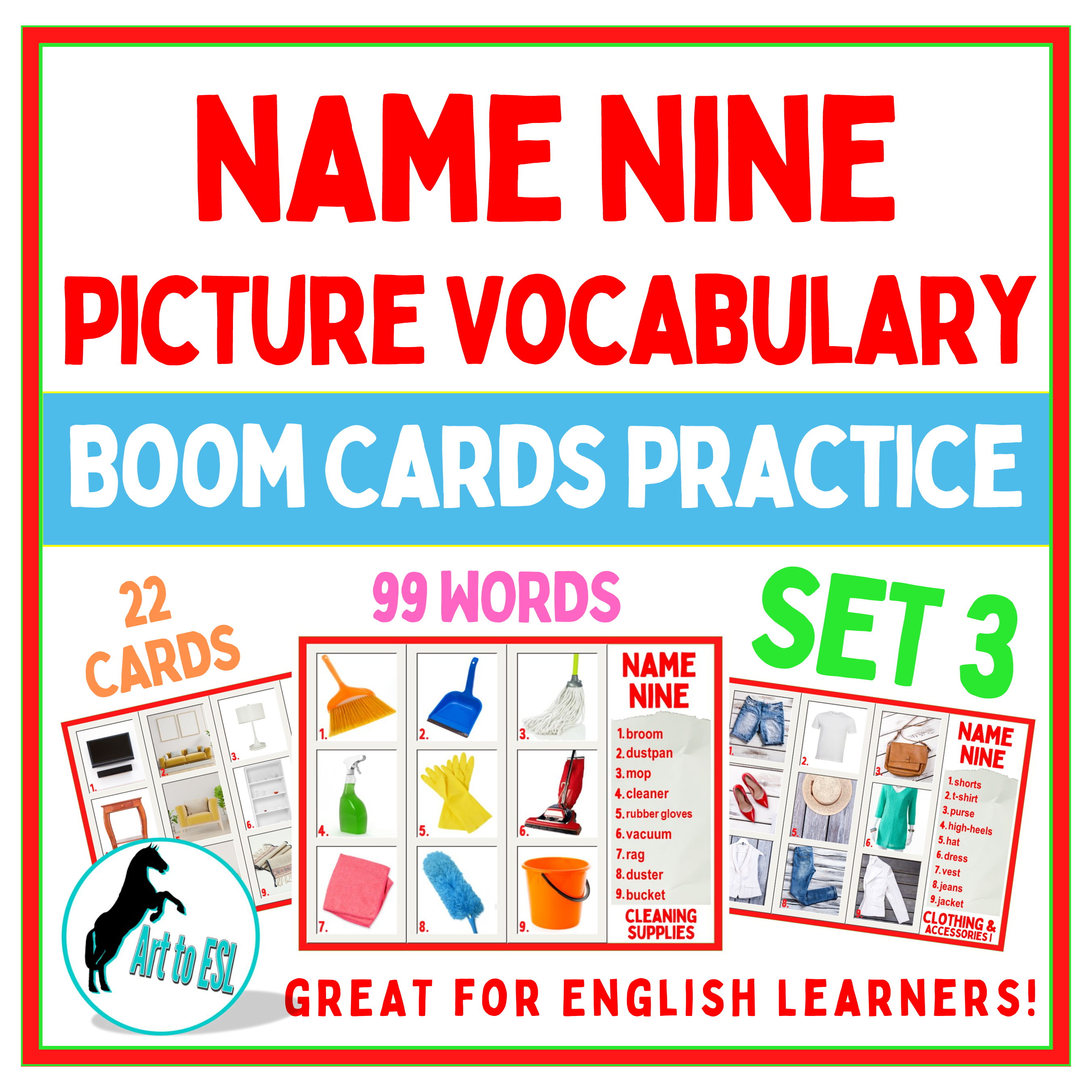 Name Nine Vocabulary - BOOM CARDS™ - Newcomer English Learners - ESL -Set 3