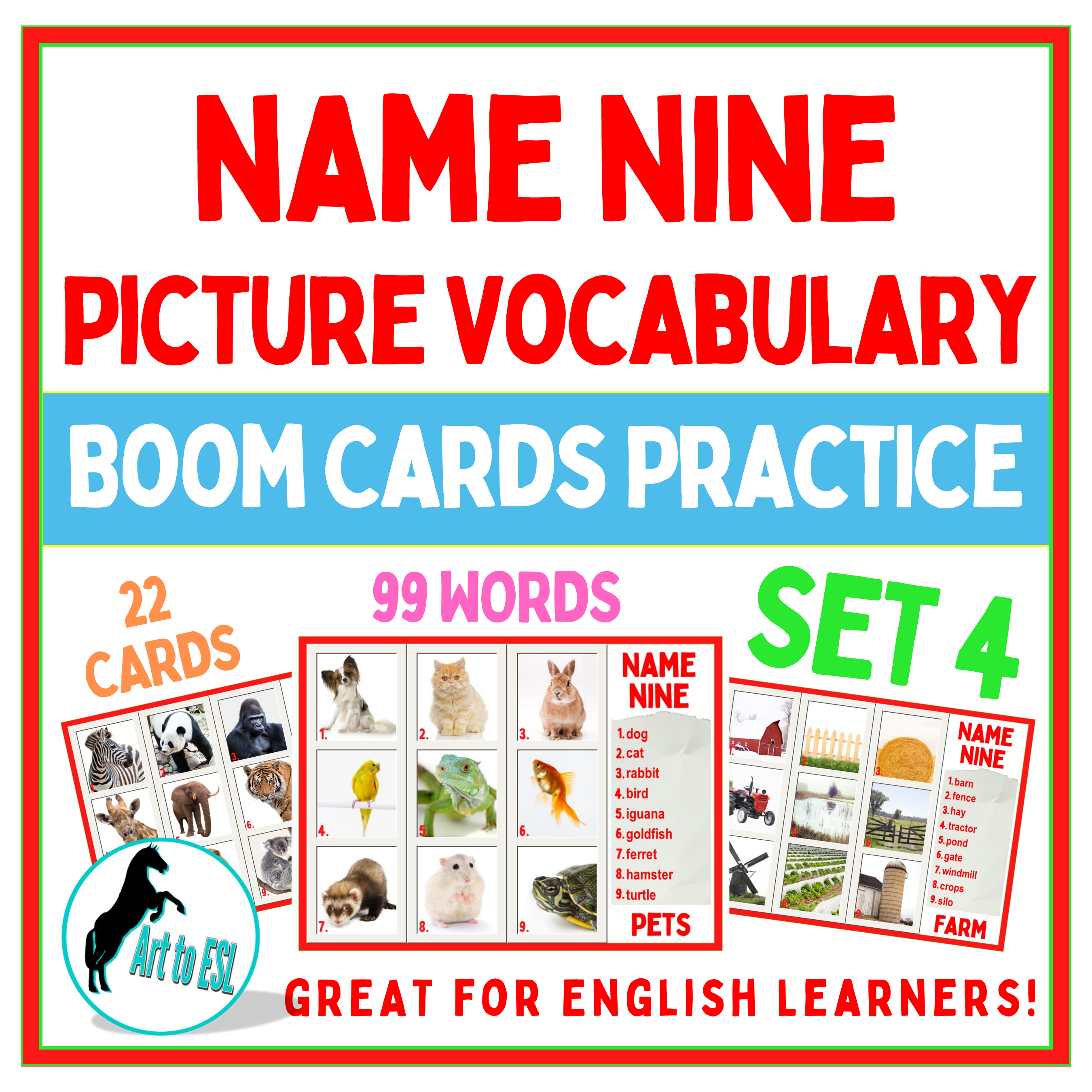Name Nine Vocabulary - BOOM CARDS™ - Newcomer English Learners - ESL -Set 4