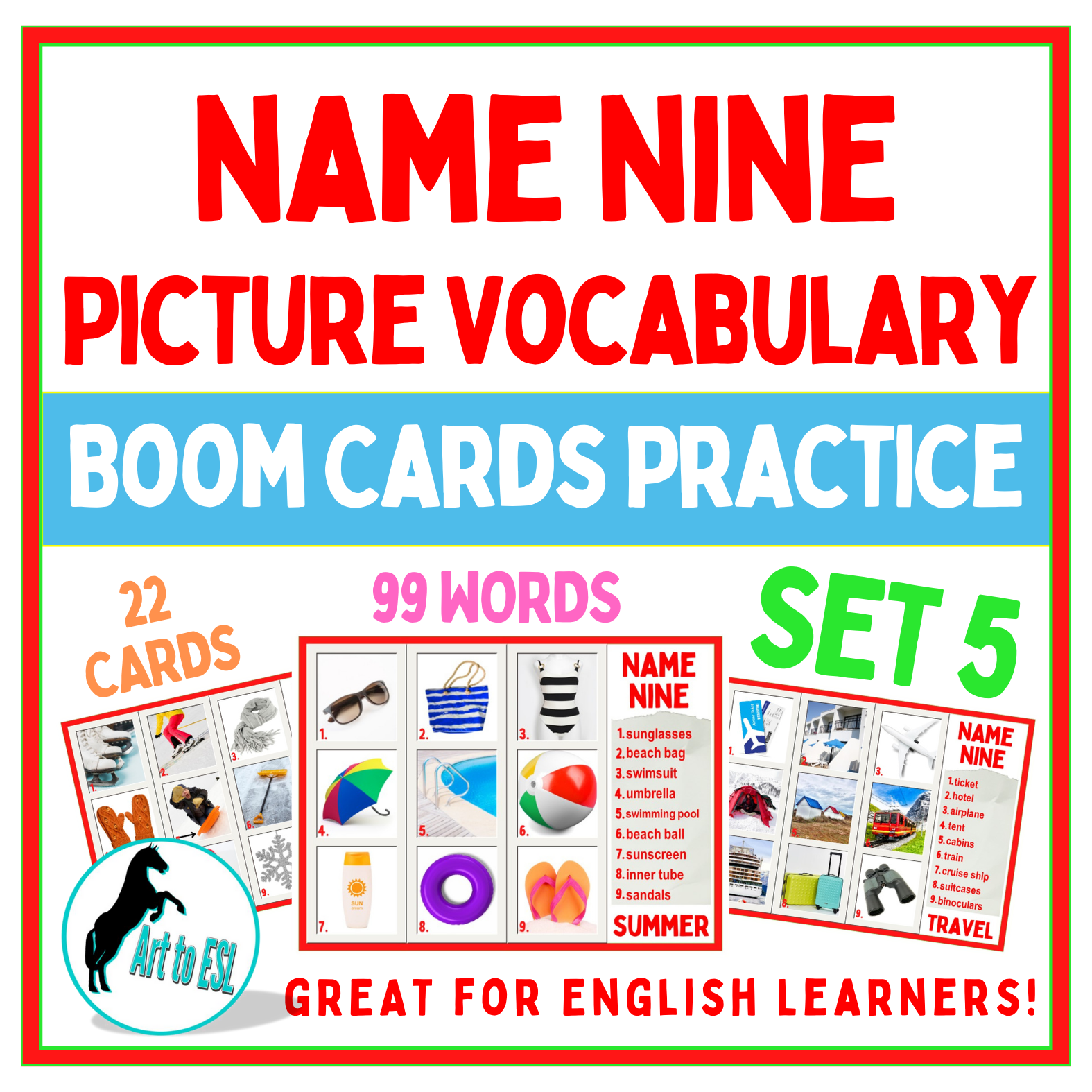 Name Nine Vocabulary - BOOM CARDS™ - Newcomer English Learners - ESL -Set 5