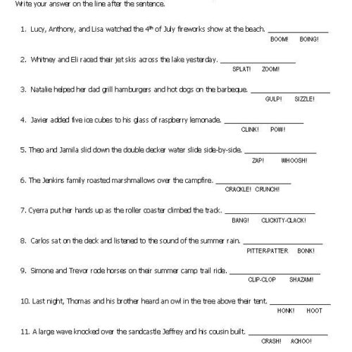 Onomatopoeia Worksheets - Summer Theme - Classful