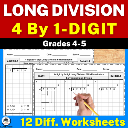 Long Division With Remainders and No Remainders Practice Worksheets | 4-Digit by 1-Digit's featured image