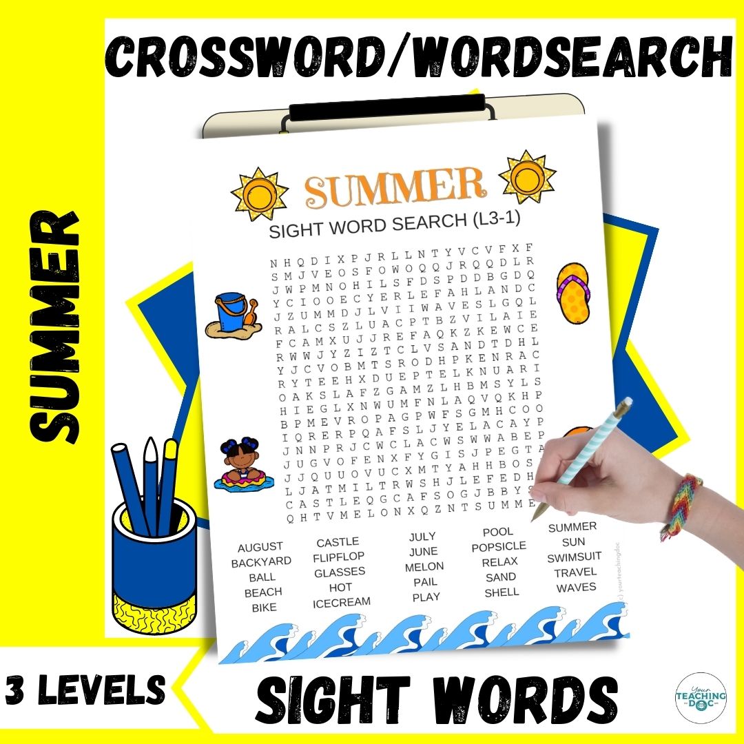 Summer Word Search and Crossword Sight Word Puzzle Worksheets (3 Levels)