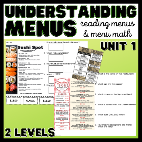 Understanding Menus Unit 1 - Reading Menus & Menu Math - Life Skills ...