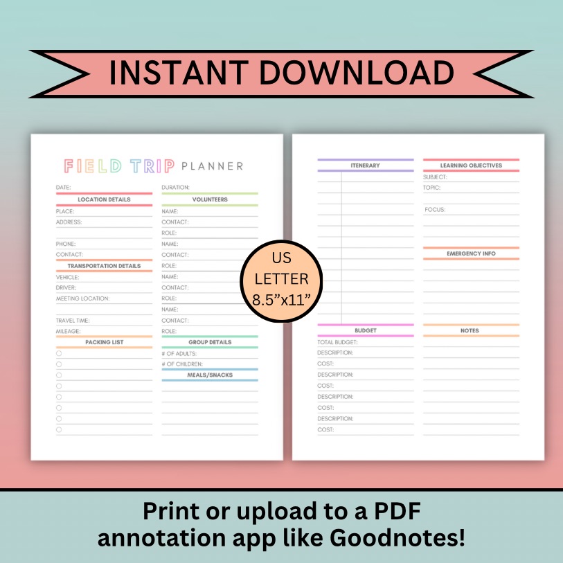 field-trip-planner-pack-printable-pdf-plan-a-field-trip-teacher-plan-school-field-trip-log-homeschool-field-trip-classful