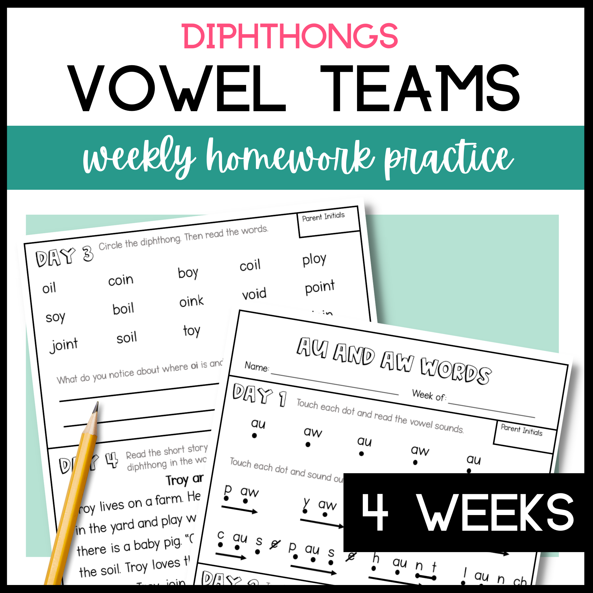 Decoding Words with Diphthongs oi, oy, aw, au, ow, ou, oo, ew | Phonics Homework