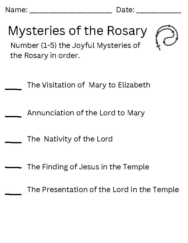 Mysteries of the rosary ordering worksheet classful
