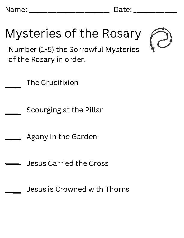 Mysteries of the Rosary Ordering Worksheet Classful