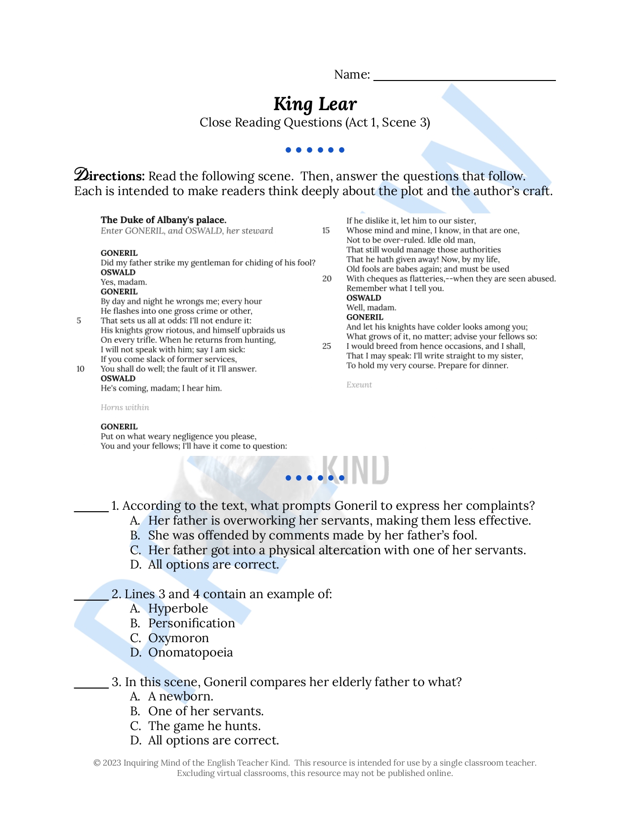 King Lear Act 3 Quiz and Close Reading Analysis Worksheets Bundle