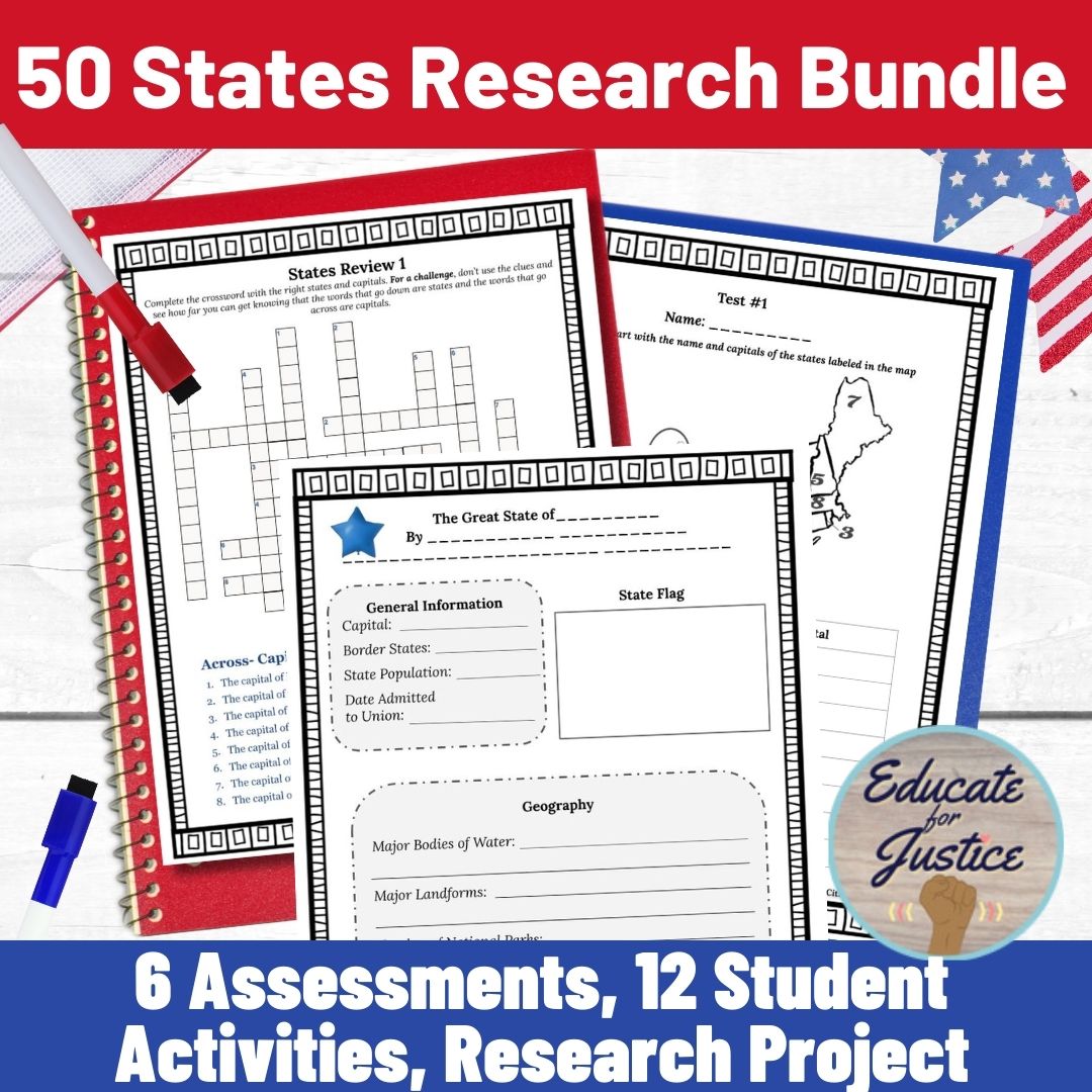 50 States & Capitals Activities Bundle with 50 State Research Project