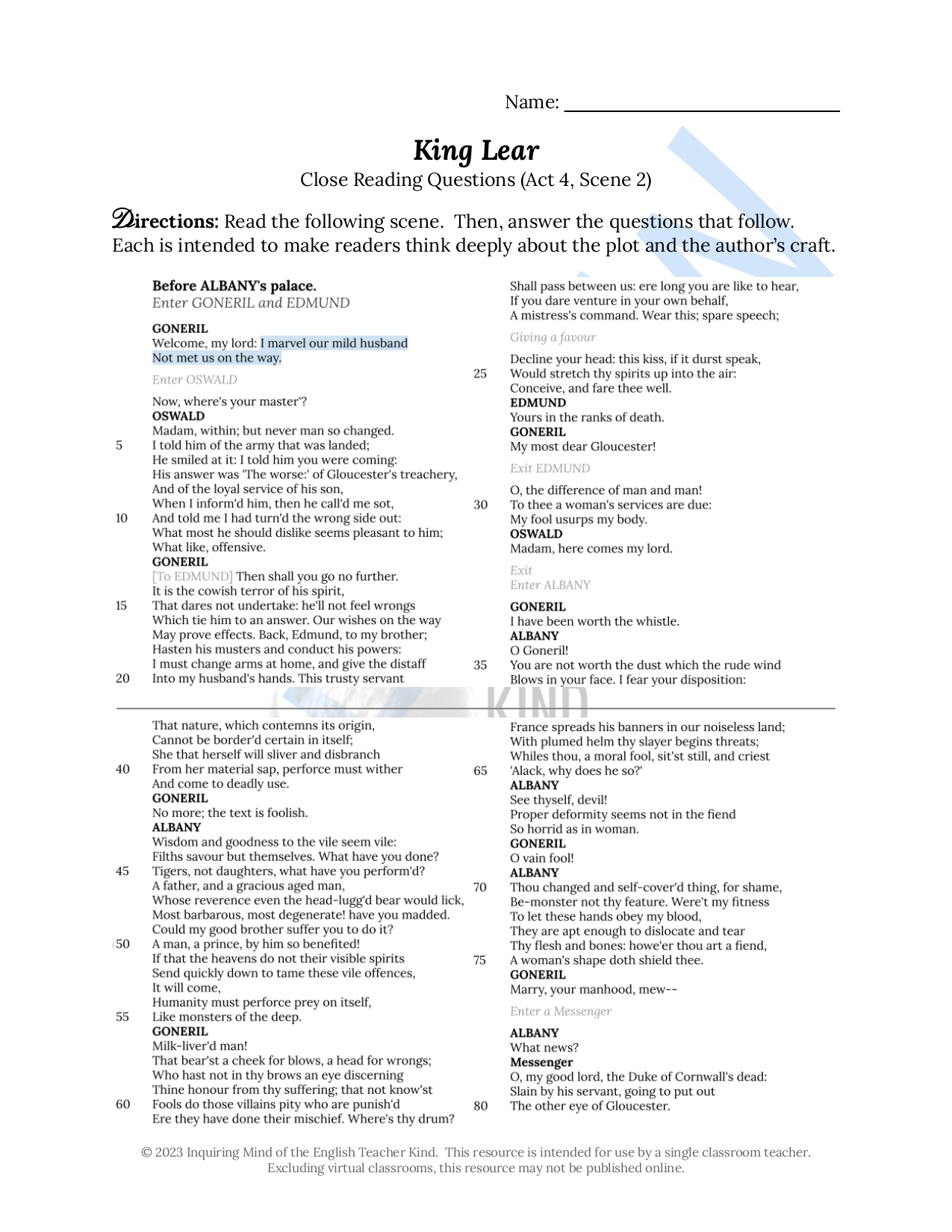 King Lear Close Reading Worksheets Bundle with Answer Keys