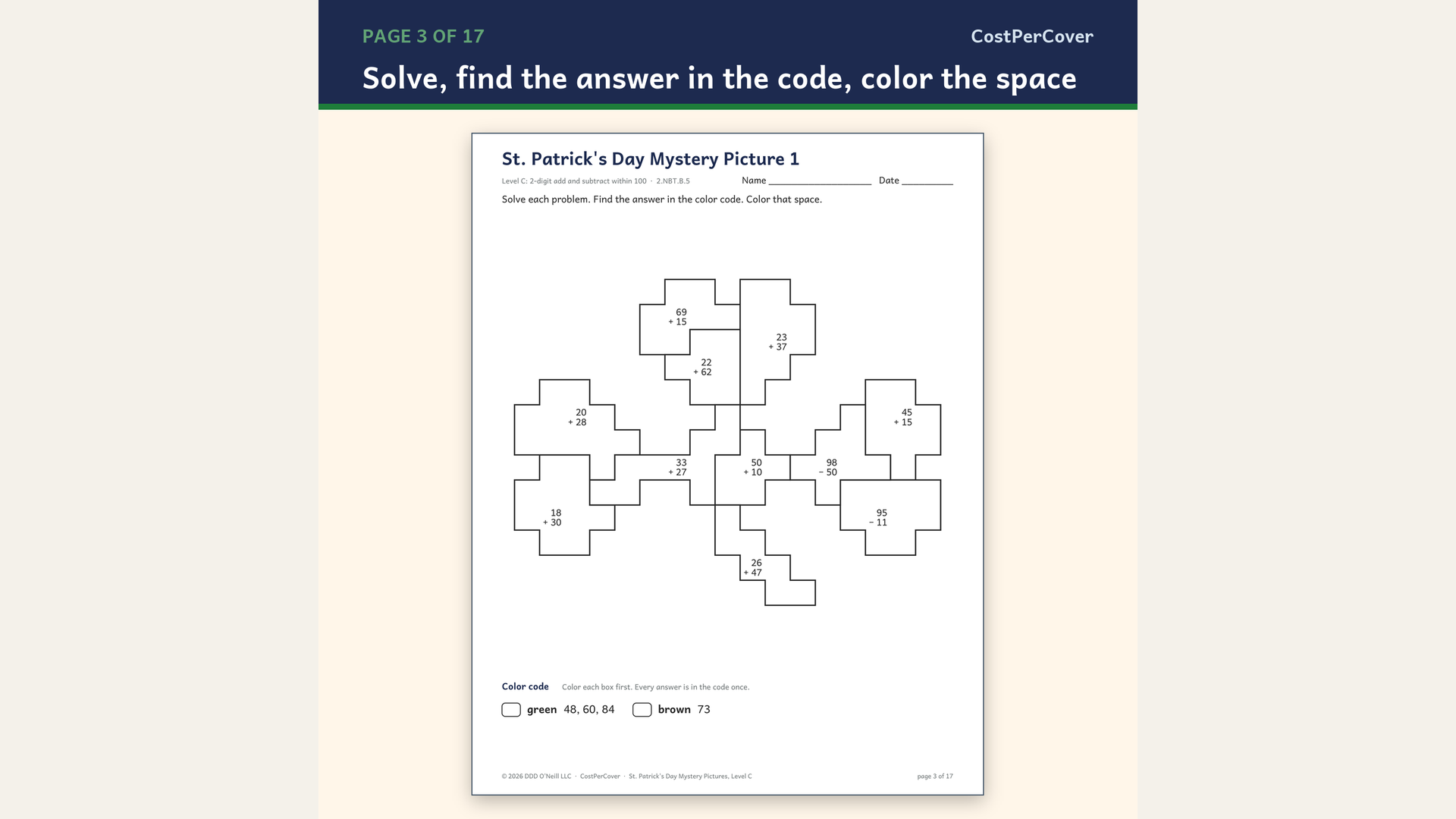 St. Patrick's Day Color by Code Math Worksheets- Color by Number ...